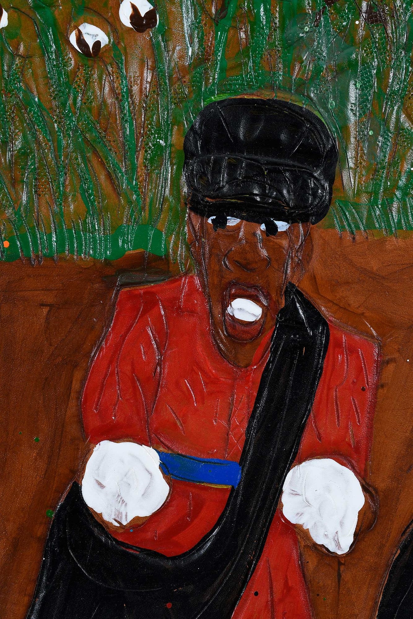 Artwork by Winfred Rembert, Cotton Pickers, Made of dye on carved and tooled leather