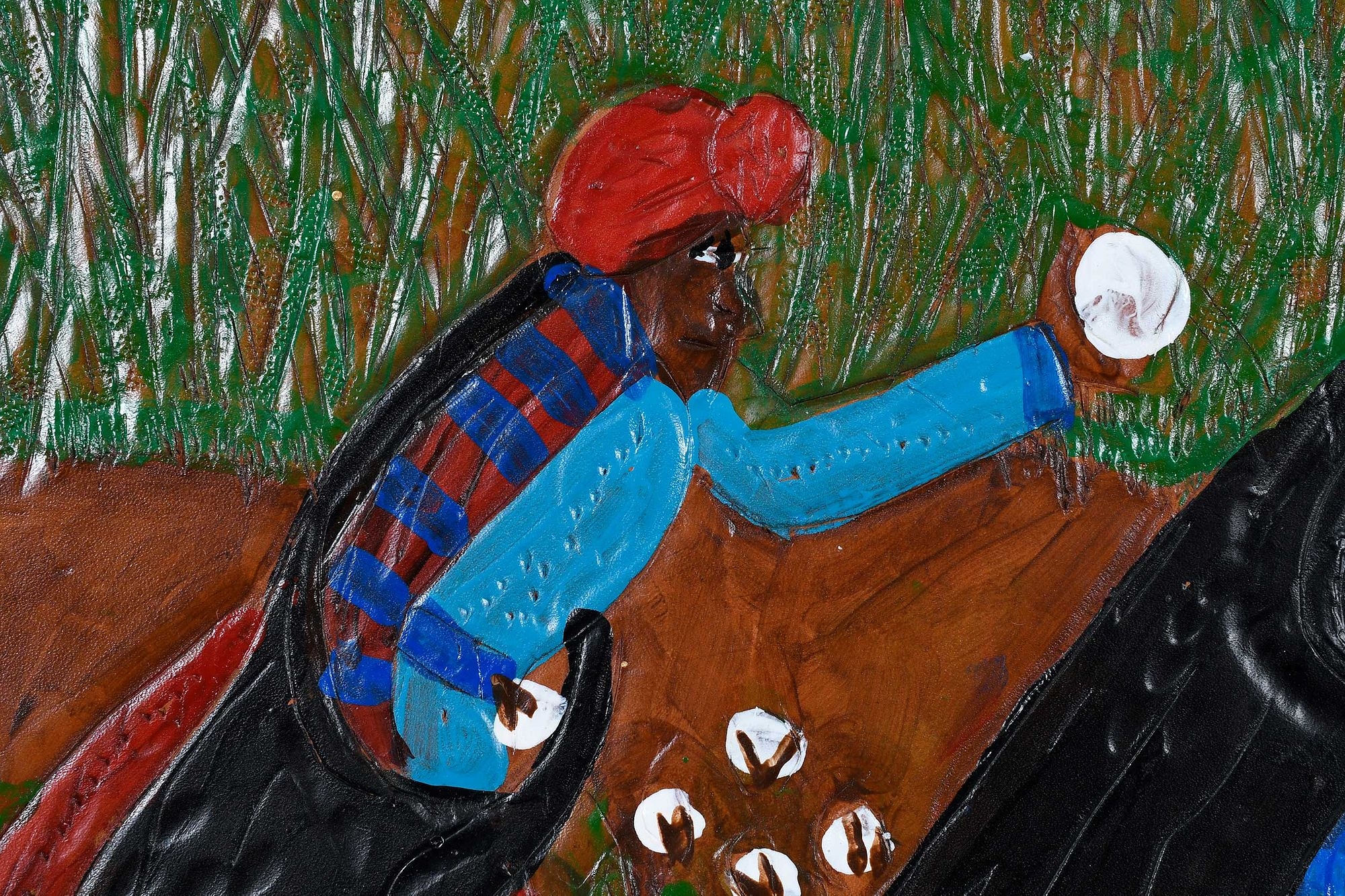 Artwork by Winfred Rembert, Cotton Pickers, Made of dye on carved and tooled leather