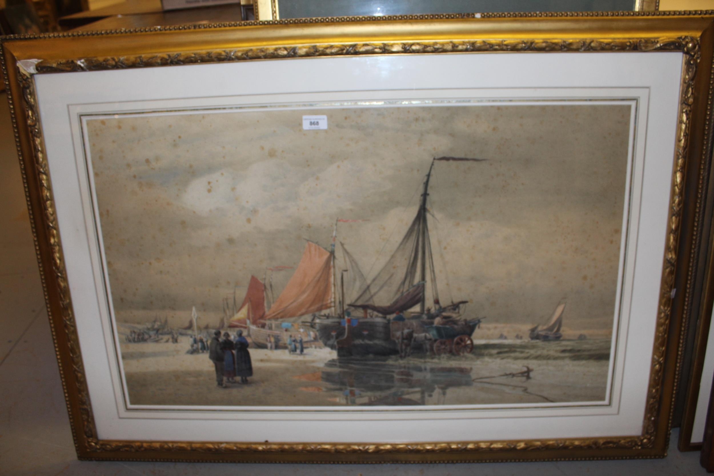 A weathered painting of a coastal scene featuring beached sailing vessels and figures on the shore.