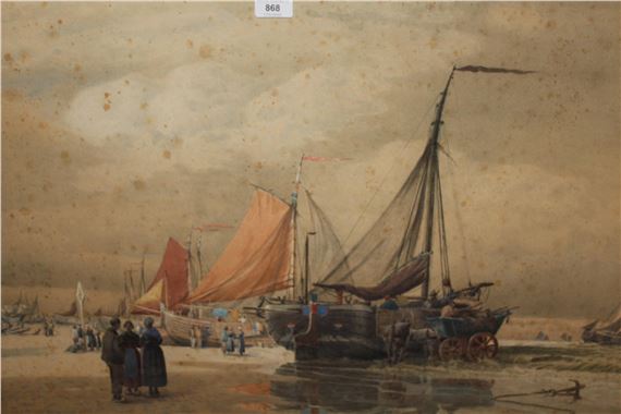 A weathered painting of a coastal scene featuring beached sailing vessels and figures on the shore.