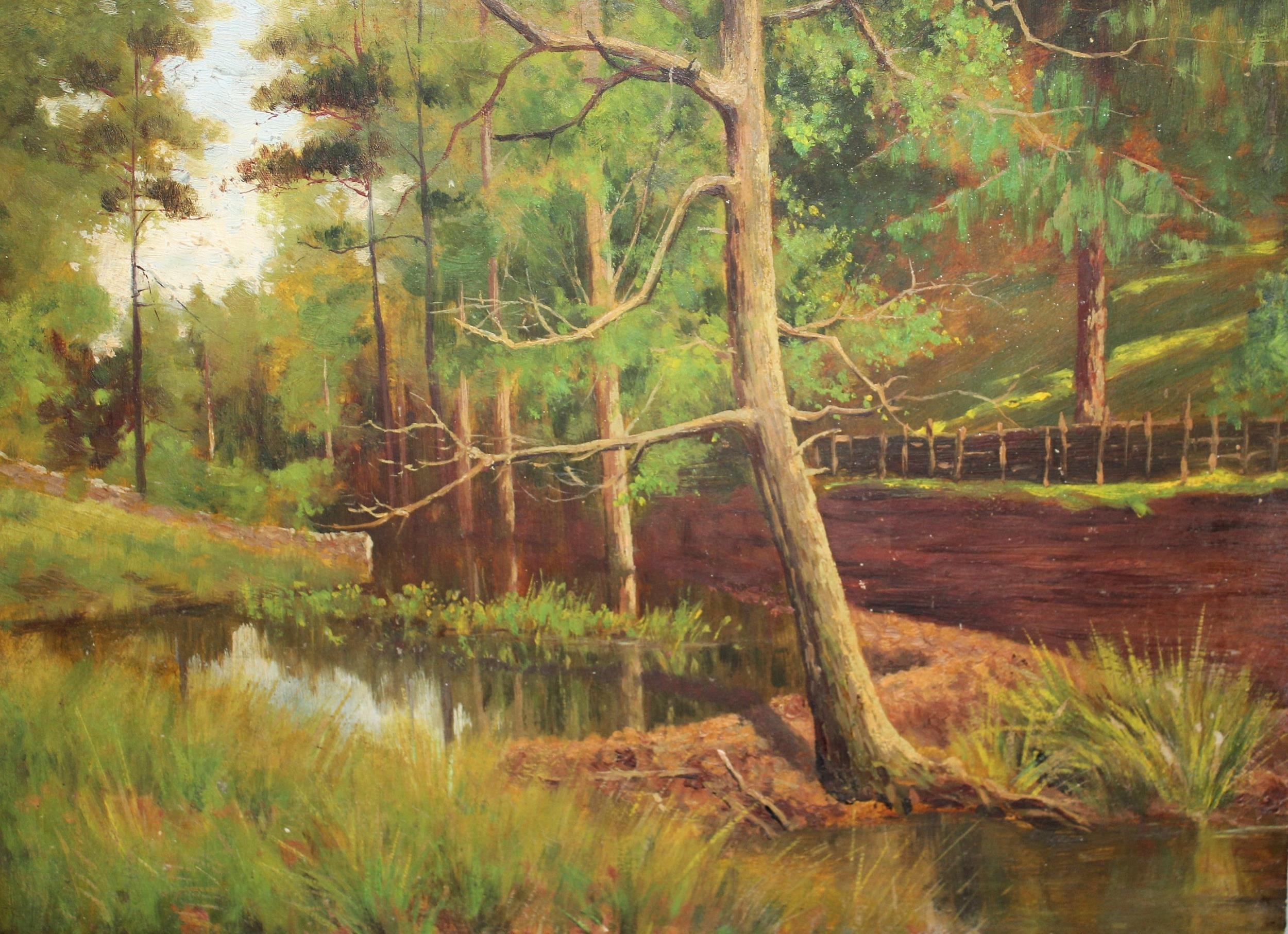 Artwork by H. Wallace, Figure on a woodland path and study of a landscape with trees by a pond, Made of oils
