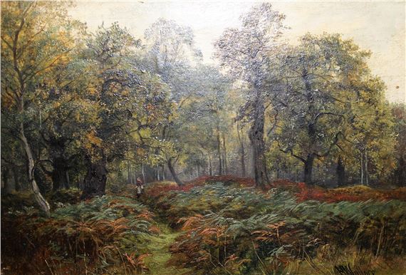 Figure on a woodland path and study of a landscape with trees by a pond - H. Wallace