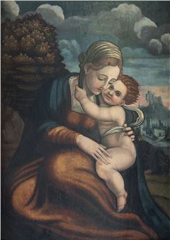 Virgen María con Jesús en su regazo sobre fondo de paisaje - Pedro Machuca