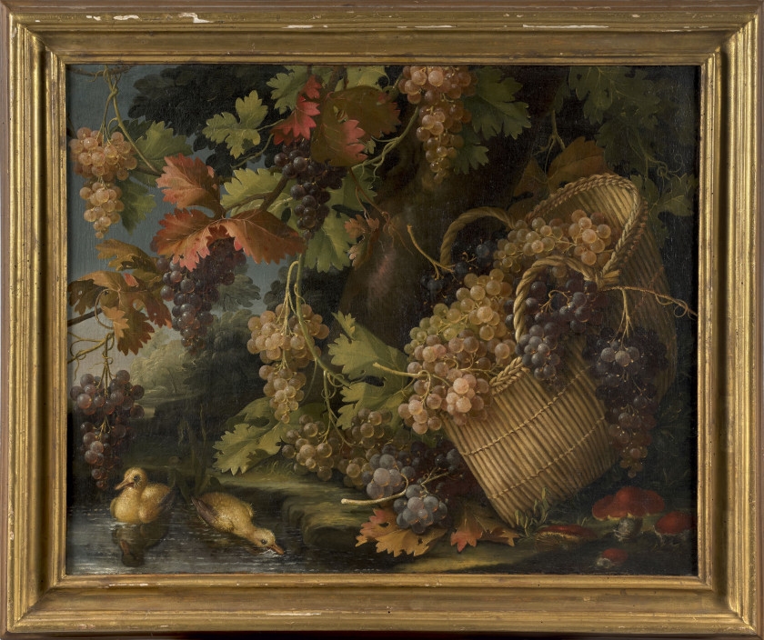 Artwork by Francesco Malagoli, Grappes de raisins et chardonneret dans un sous, Made of oil on canvas