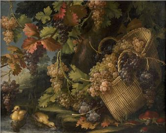 Grappes de raisins et chardonneret dans un sous - Francesco Malagoli