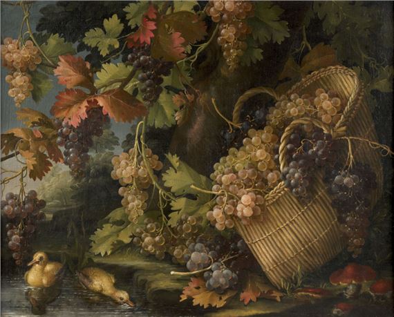 Grappes de raisins et chardonneret dans un sous by Francesco Malagoli