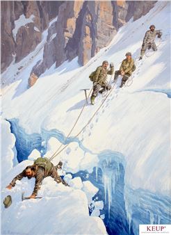 ''Alpine Landschaft mit vier Bergsteigern beim Überschreiten ein Randkluft'' - Rudolf Reschreiter