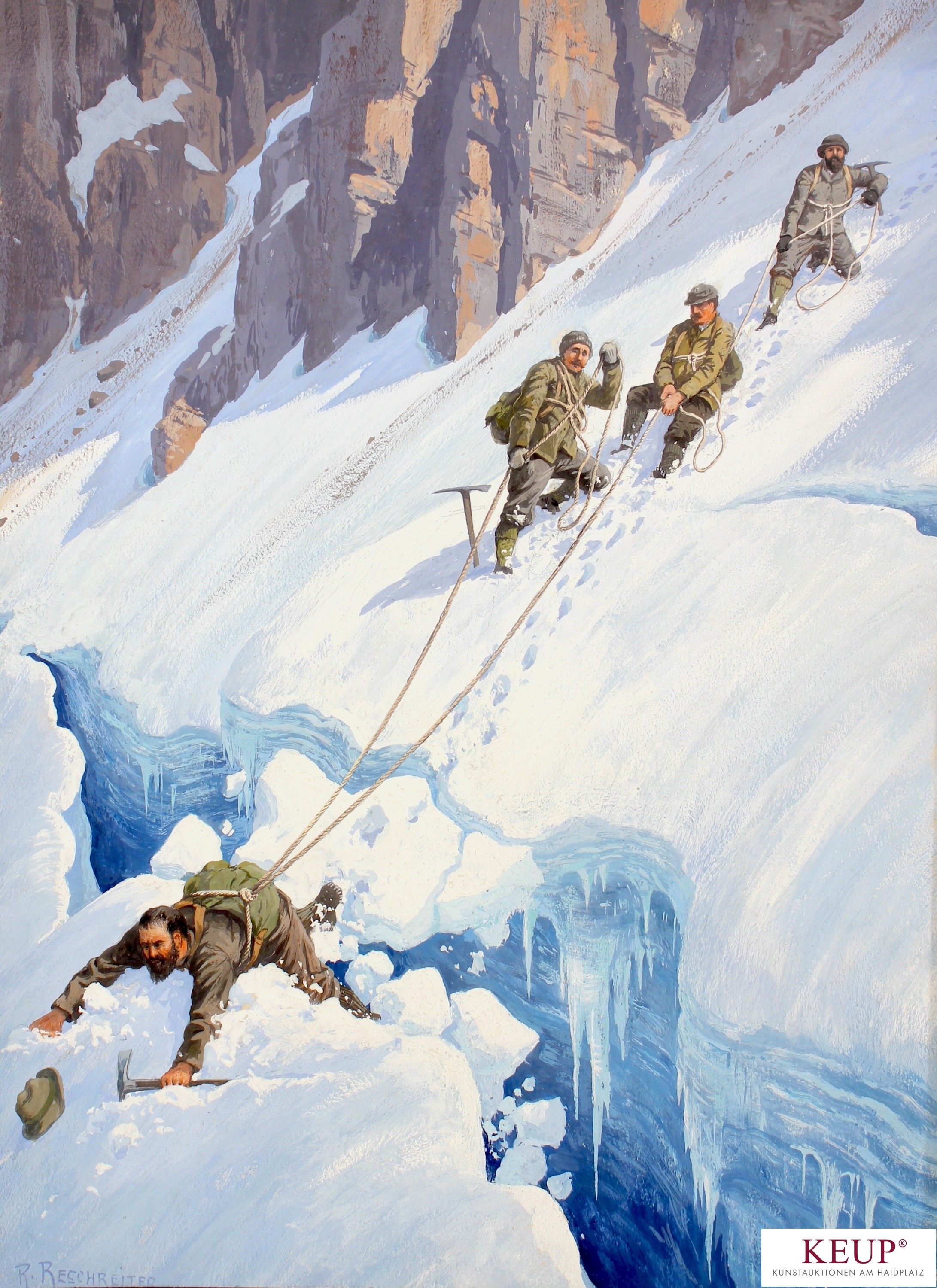 Artwork by Rudolf Reschreiter, ''Alpine Landschaft mit vier Bergsteigern beim Überschreiten ein Randkluft'', Made of tempera on cardboard