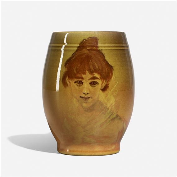 Standard Glaze mug with portrait of a young woman by Robert Bruce Horsfall, 1893
