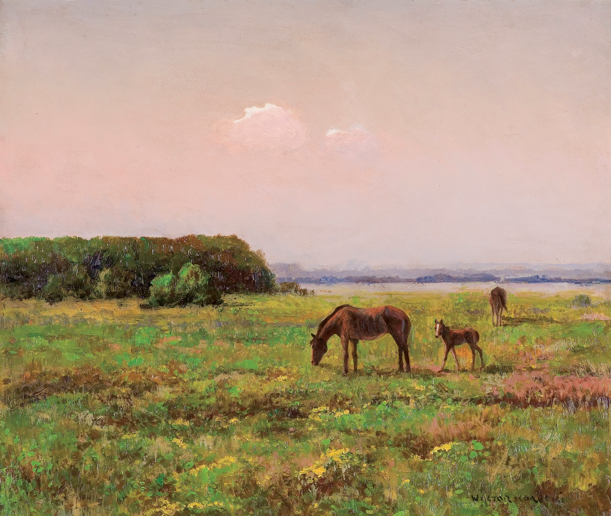 Artwork by Wiktor Korecki, KONIE NA ŁĄCE, PRZED, Made of oil on cardboard