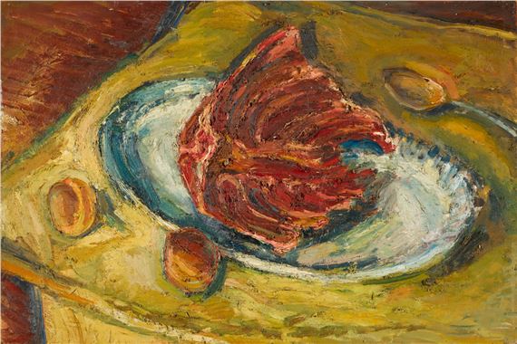 Still Life with Meat & Peaches by Patrick Procktor, Executed in 1961.