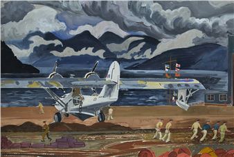 A dramatic scene of a seaplane on a beach with workers and a stormy sky.