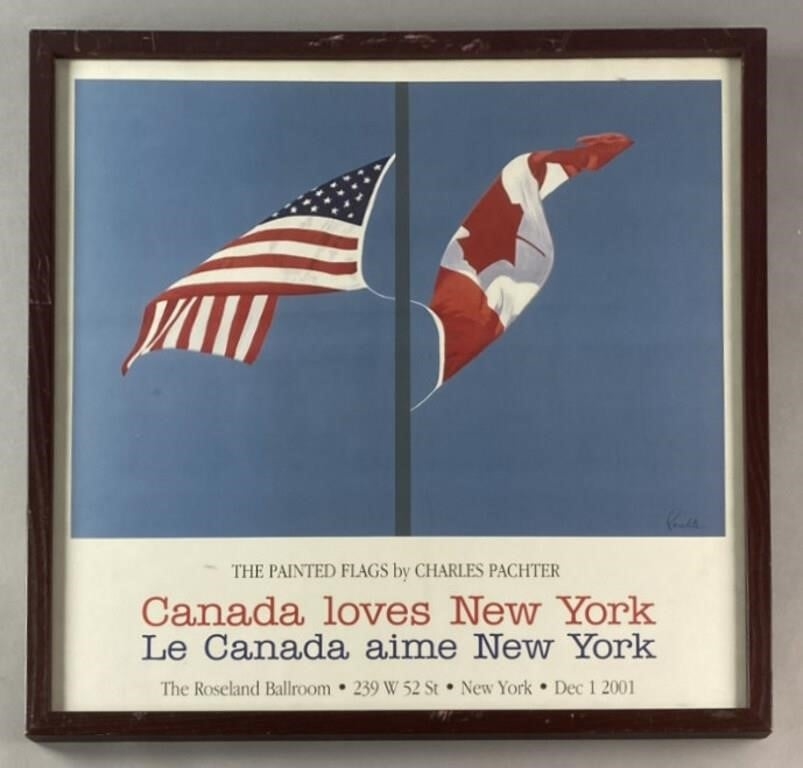 Framed with glass poster by Charles Pachter in 2001. Poster features the American and Canadian Flag on the same lag pole. Under the flags Canada loves New York is written in both English and French. From an exhibition at the Roseland Ballroom in New York City. Signed in ink by the artist. Print in frame is 23 X 23 inches in size. by Charles Pachter, 2001