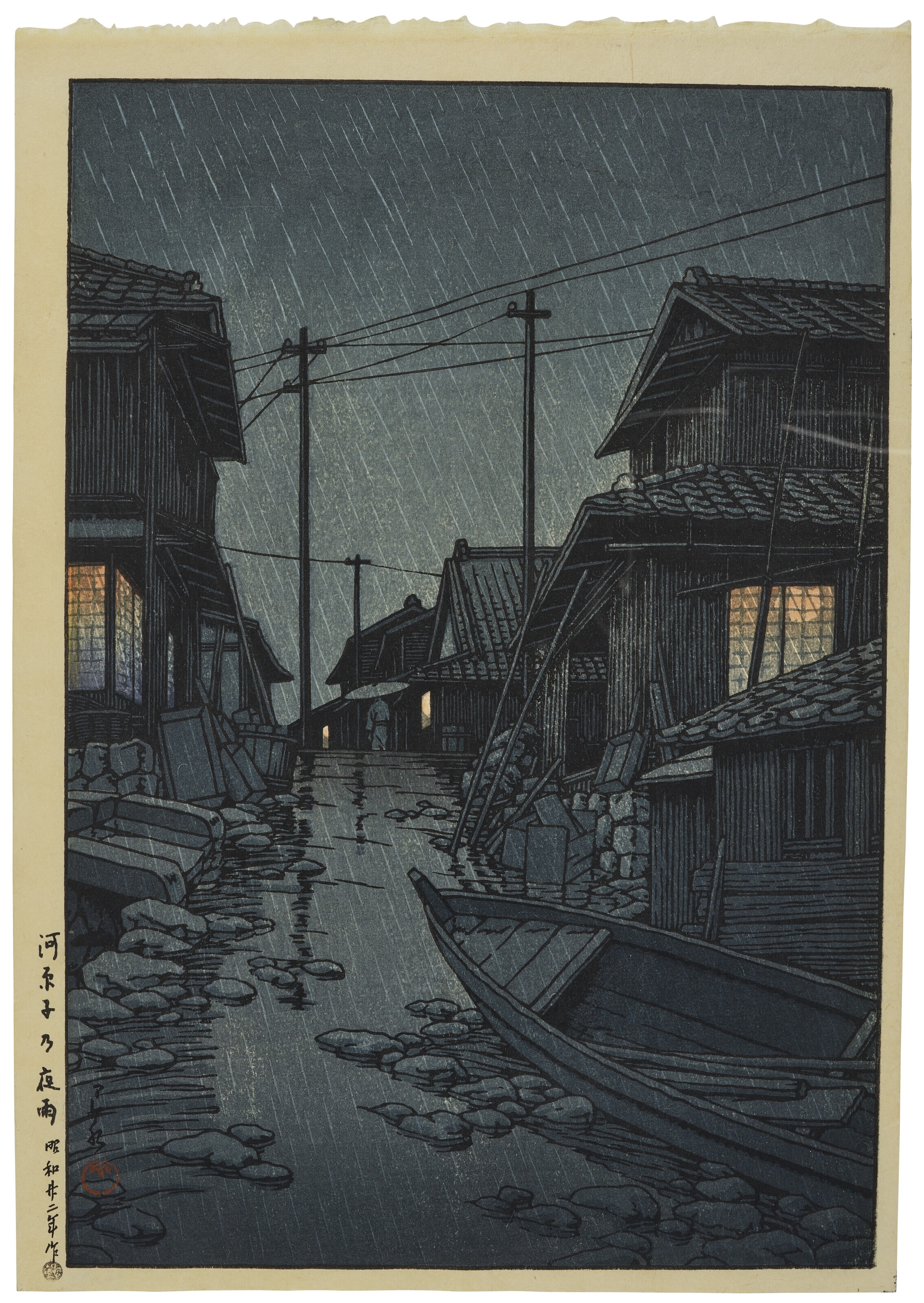 Artwork by Hasui Kawase, Kawarago no yau (Night rain at Kawarago), Made of Woodblock print