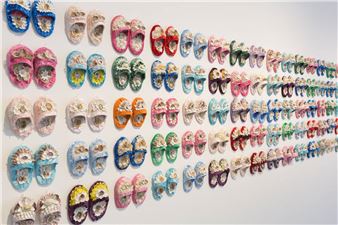 Installation view of Gulumbu Yunupingu exhibition at Museum of Contemporary Art Australia (MCA).