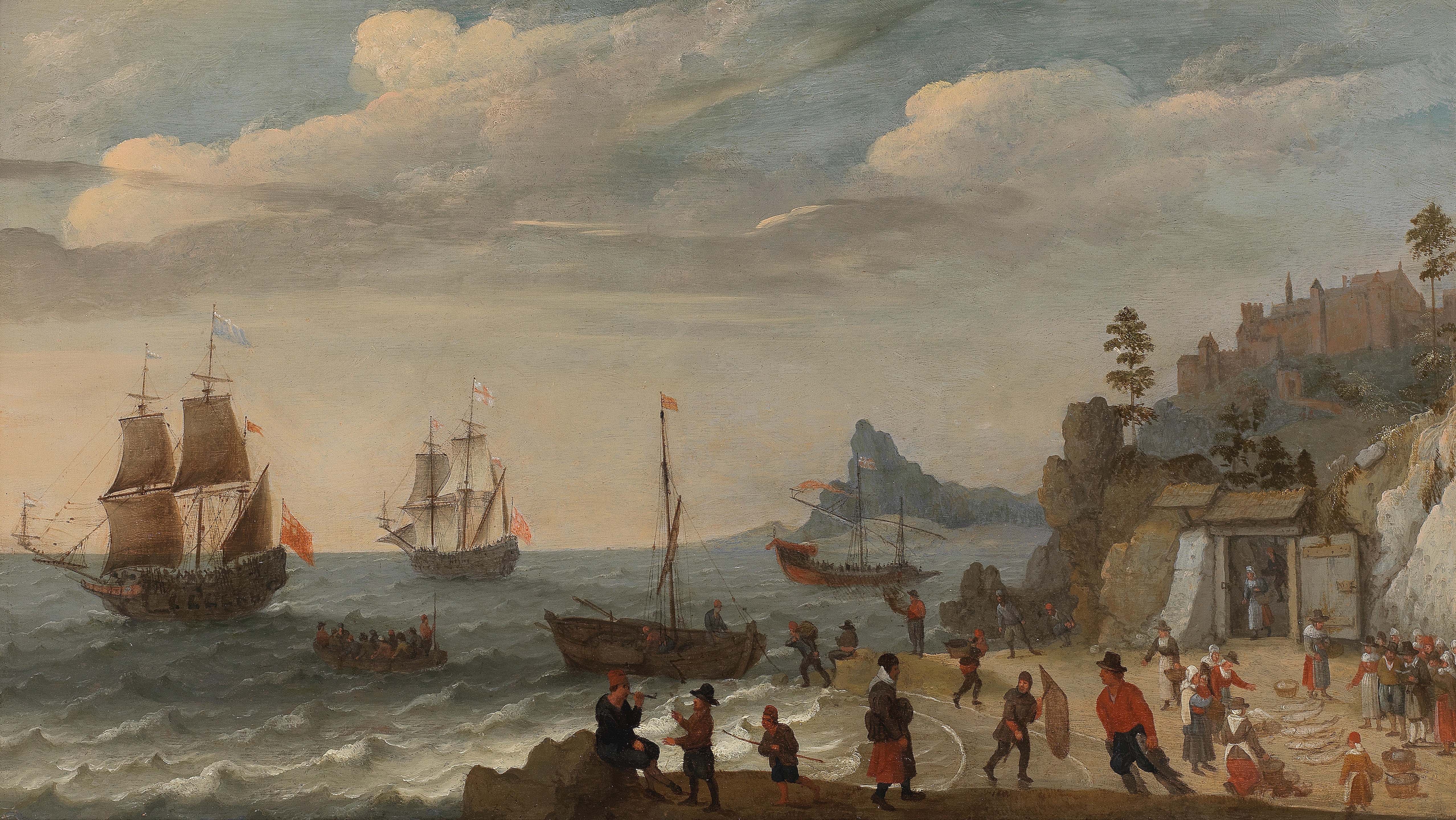 Artwork by Abraham Willaerts, A coastal scene with shipping and fisherman selling their catch, Made of oil on panel