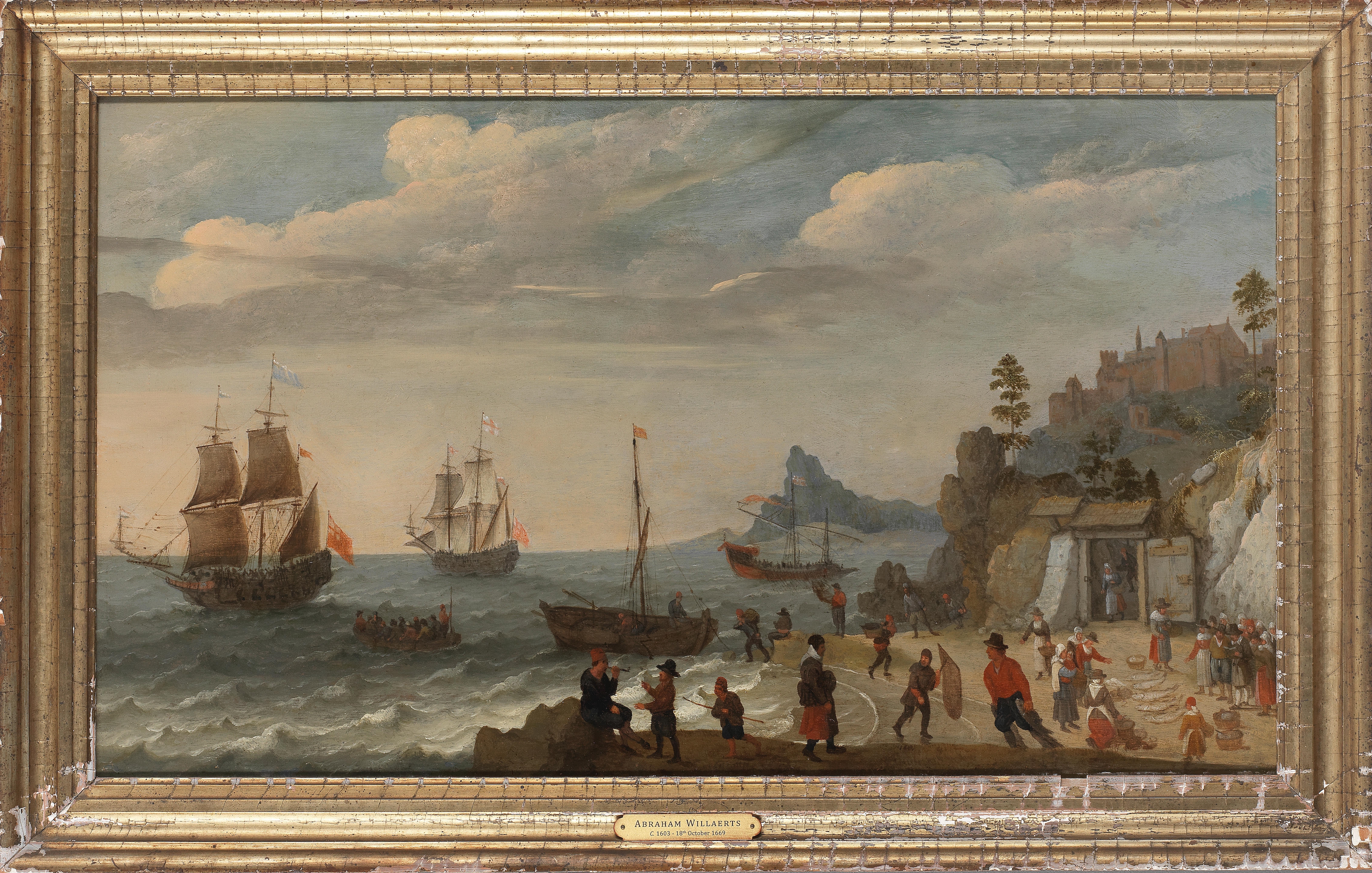 Artwork by Abraham Willaerts, A coastal scene with shipping and fisherman selling their catch, Made of oil on panel