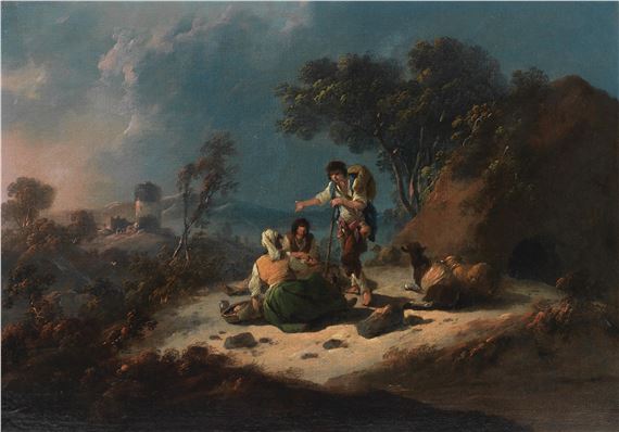 Jean Baptiste Pillement | A landscape scene with figures and sheep on a ...
