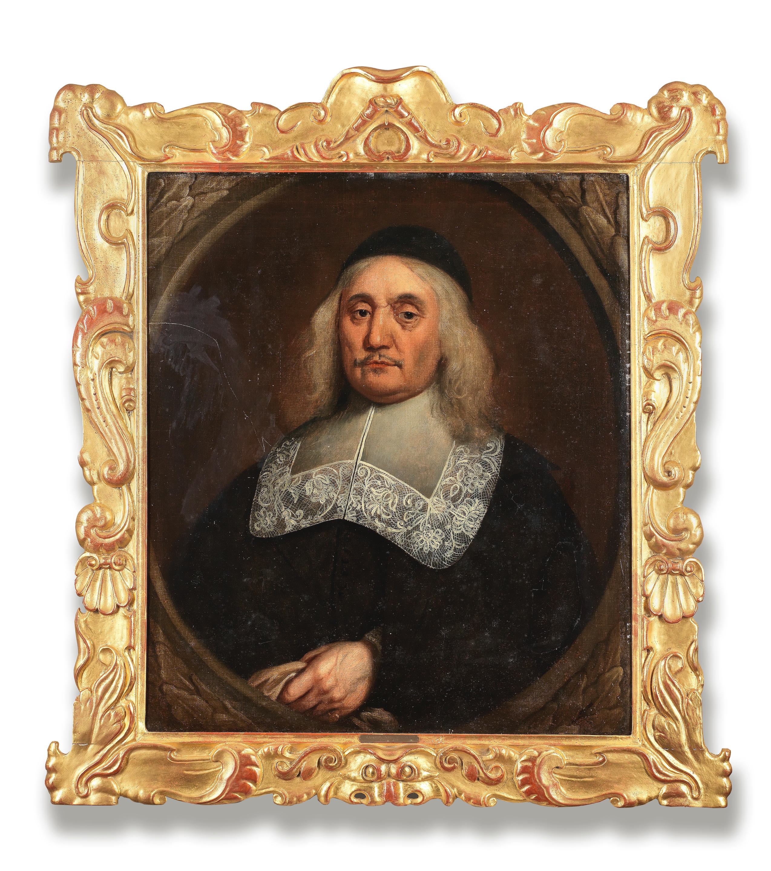 Portrait of a gentleman, half-length, in black costume with a white lace collar, within a stone cartouche - Peter Borsseler