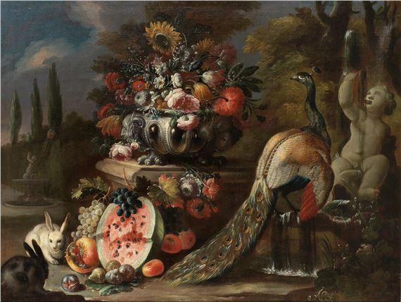 A still life of flowers in a vase on a stone pedestal with fruit, rabbits and a peacock in parkland by Nicola Casissa