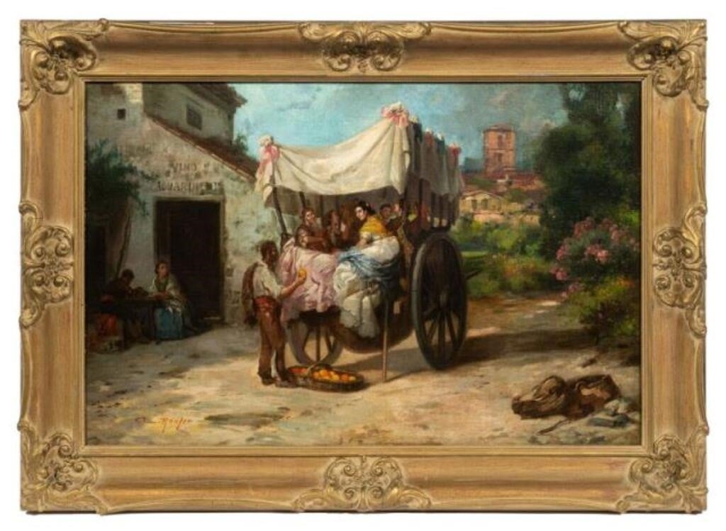 Adolf Raufer | A man showing an orange to women in a covered wagon ...
