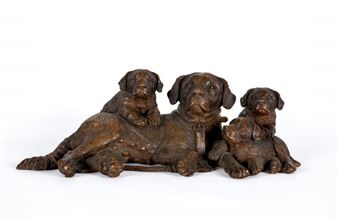 carved Black Forest St. Bernard recumbent bitch with glass eyes, collar and lead, with three puppies - Walter Mader