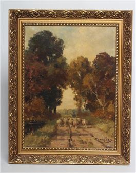 Shepherd and Flock on a Woodland Path - Martinus Jacobus Nefkens