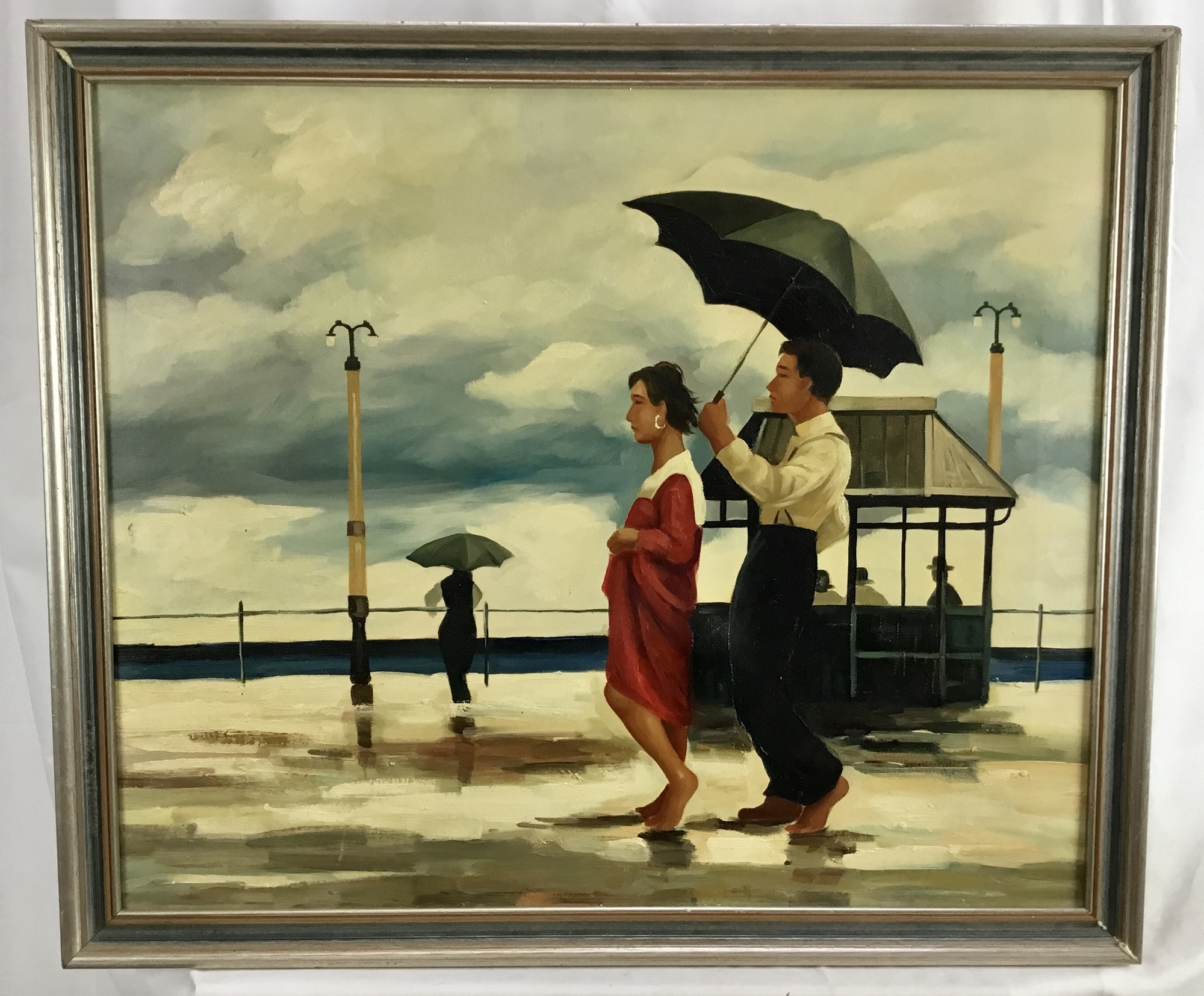 Artwork by Jack Vettriano, Figures with umbrellas on a rainy day, Made of oil on canvas