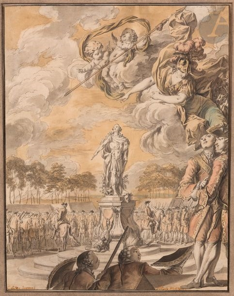Artwork by Charles Joseph Dominique Eisen, Military review in front of the statue of King Louis XV, Made of watercolor, pen and ink