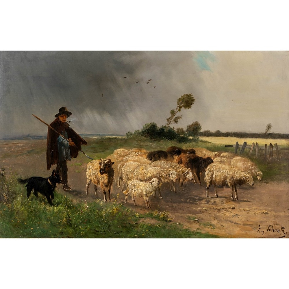 Hirte mit seiner Schafherde und Hund vor heraufziehendem Gewitter flüchtend by Henry Schouten