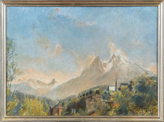 Blick über bayerisches Dorf auf den Watzmann - Fritz Rhein