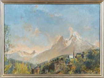 Blick über bayerisches Dorf auf den Watzmann - Fritz Rhein