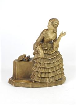 Group in patinated plaster representing an elegant woman with doves - Bohumil Rezl