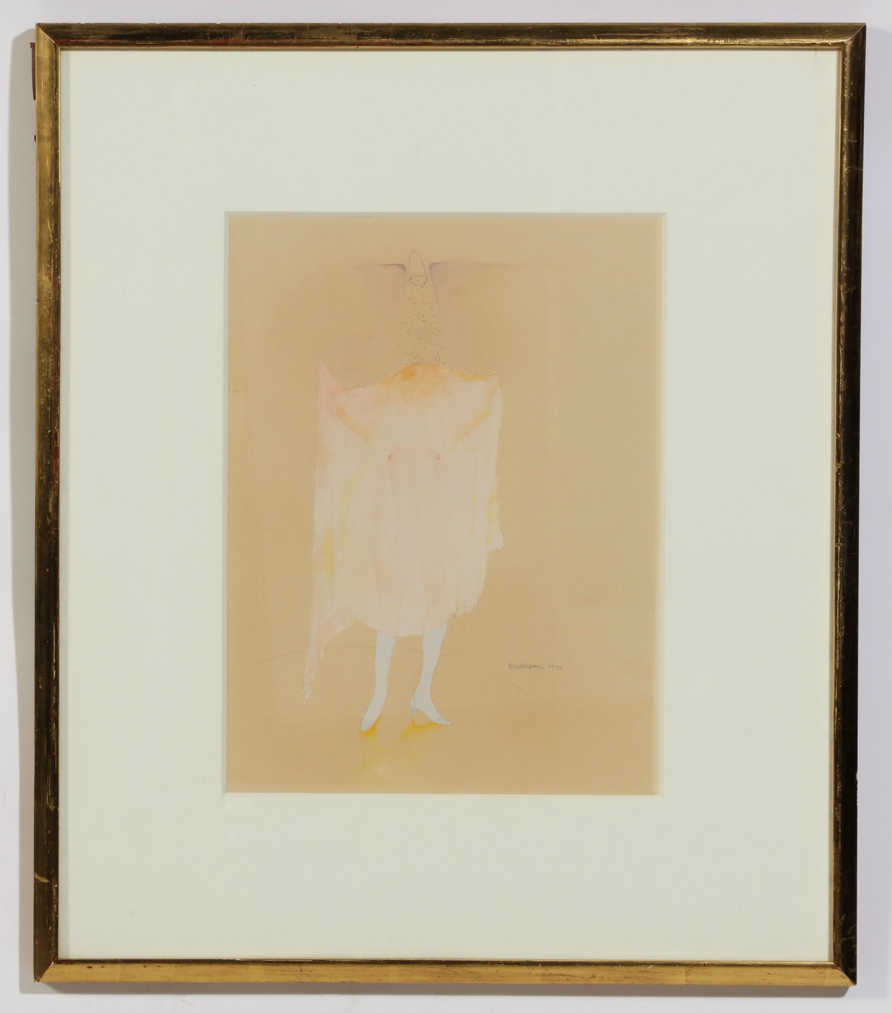 Artwork by Morris Broderson, Strip teasing in pink, 1970, Made of watercolor on paper