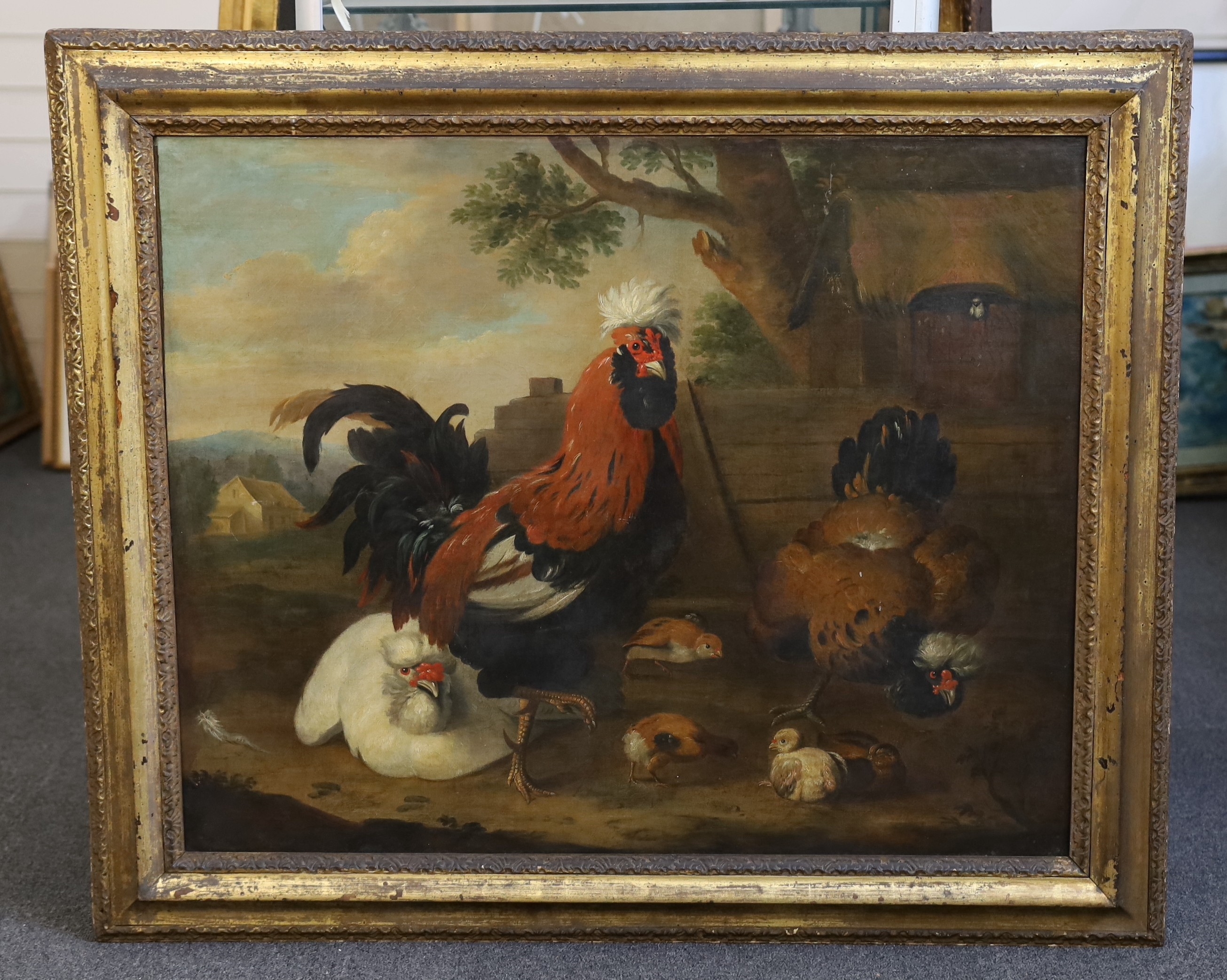 melchior-d-hondecoeter-a-cockerel-chickens-and-chicks-in-a-farmyard