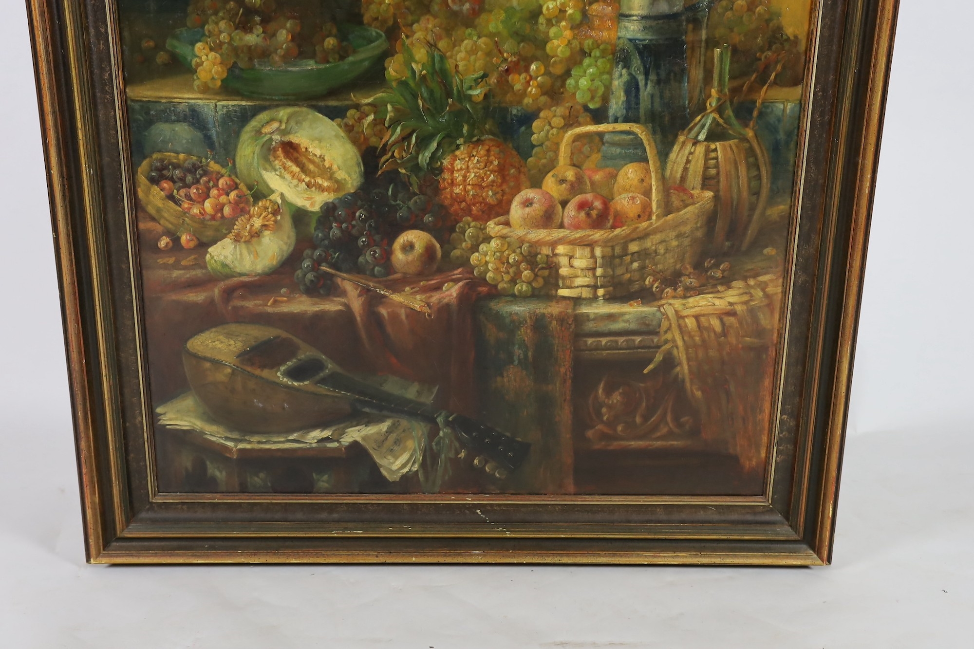 Artwork by John Frank Swingler, Still life of fruits, a gold vessel and a mandolin upon a table top, Made of oil on canvas