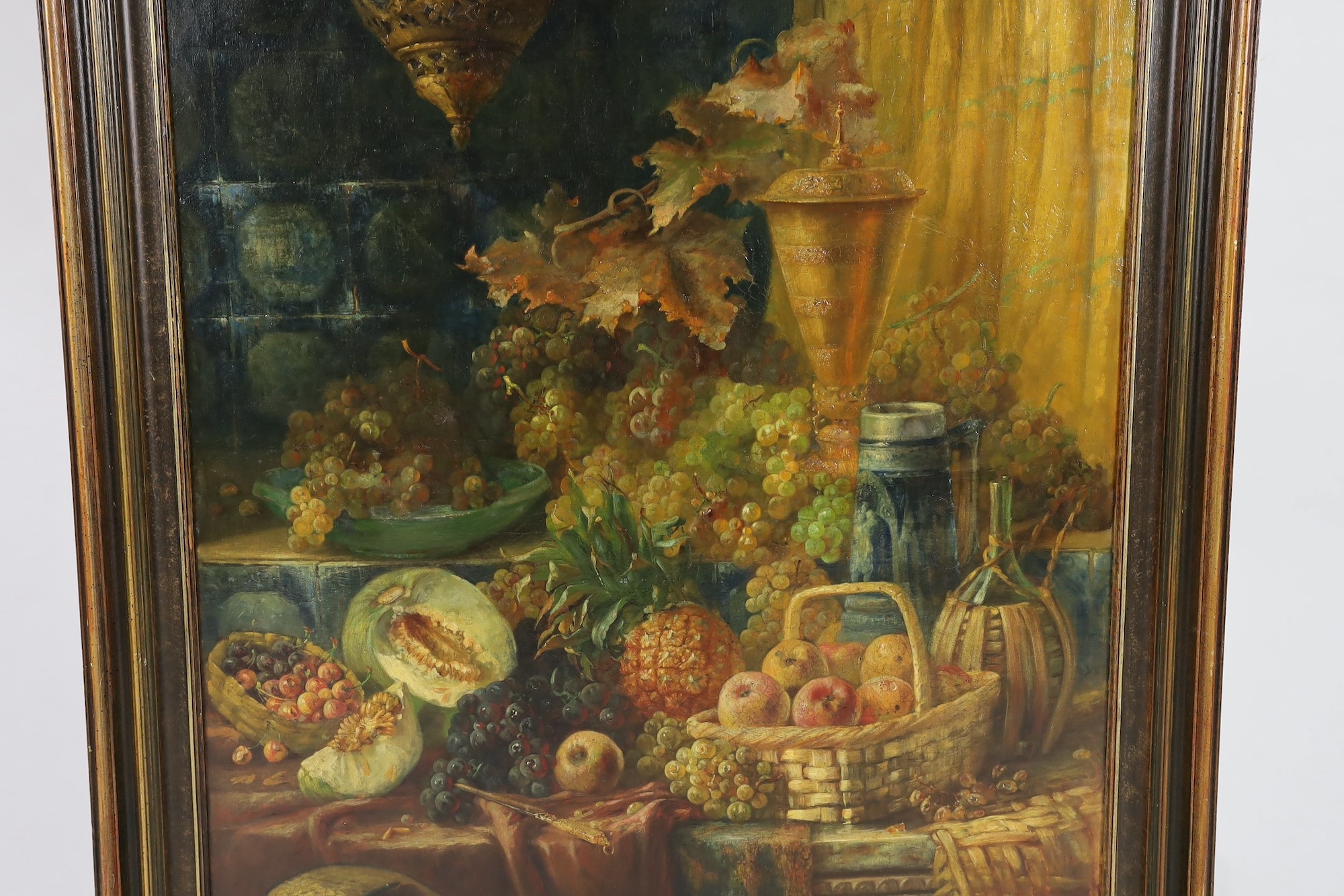 Artwork by John Frank Swingler, Still life of fruits, a gold vessel and a mandolin upon a table top, Made of oil on canvas