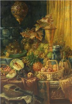 Still life of fruits, a gold vessel and a mandolin upon a table top - John Frank Swingler