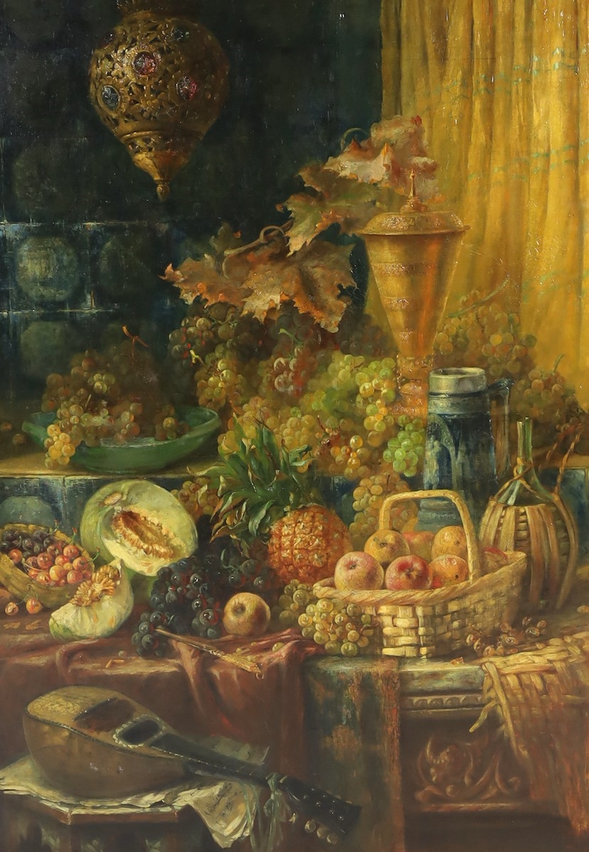 Artwork by John Frank Swingler, Still life of fruits, a gold vessel and a mandolin upon a table top, Made of oil on canvas