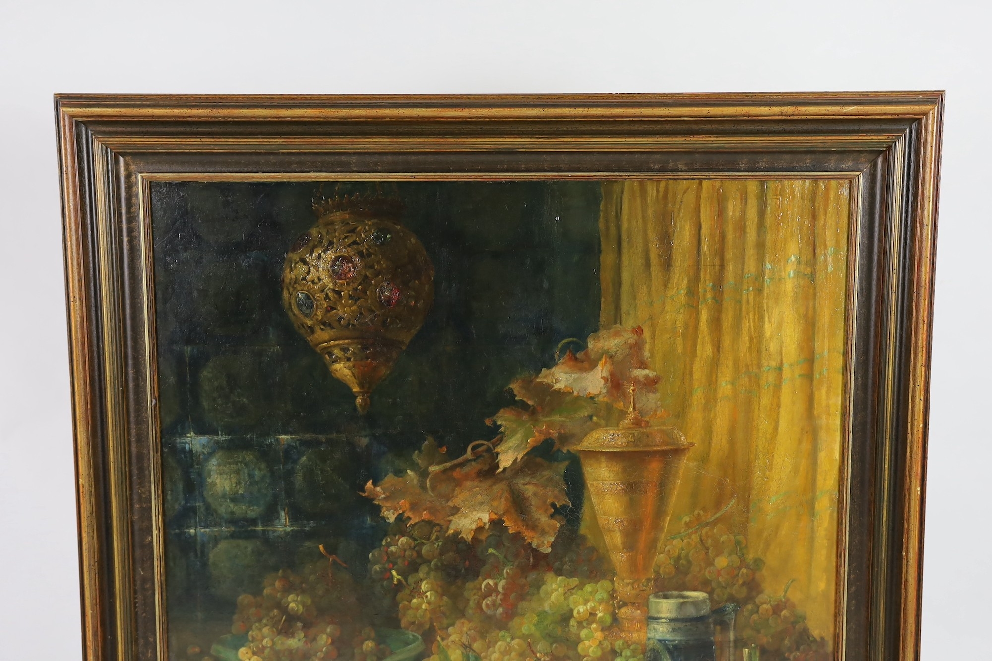 Artwork by John Frank Swingler, Still life of fruits, a gold vessel and a mandolin upon a table top, Made of oil on canvas