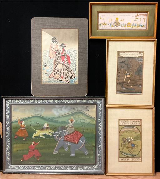 Kitagawa Utamaro Courtesans, Indian School, A Lion Hunt, gouache on