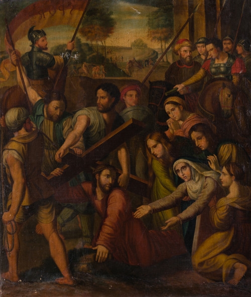 Artwork by Raffaello Sanzio, "Caida de Jesús camino del Calvario" también conocido como "El Pasmo de Sicilia", Made of oil on canvas