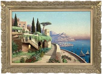 A Mediterranean landscape with a stone dwelling on the ocean with mountains. - Leopold Swider