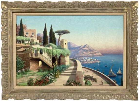 A Mediterranean landscape with a stone dwelling on the ocean with mountains. - Leopold Swider