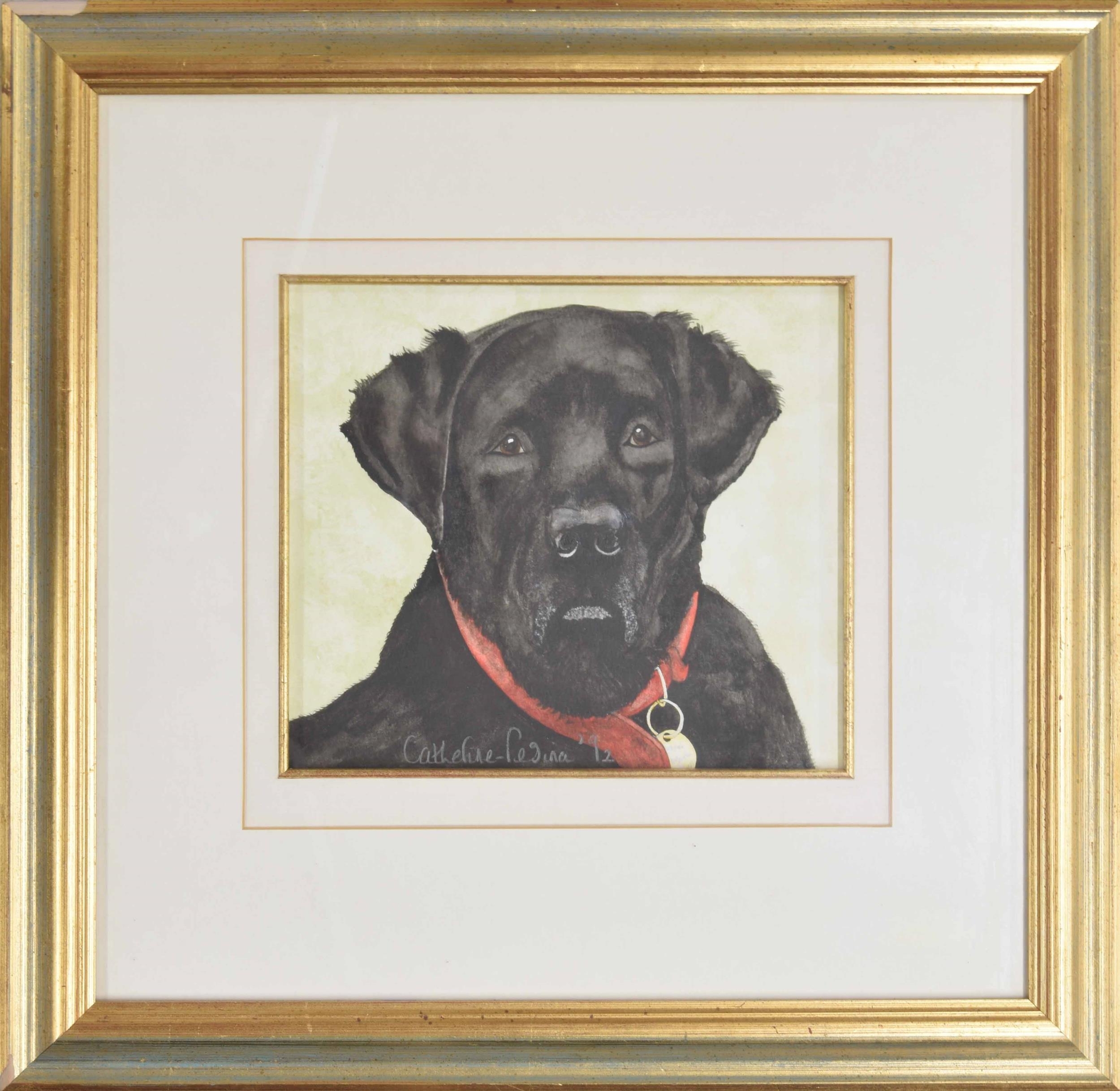 Artwork by Catherine Pesina, Study of a black labrador wearing a red collar, Made of Watercolour