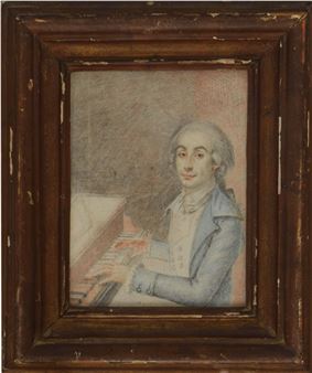 Portrait of a musician at a pianoforte seated wearing a blue jacket and cream waistcoat - Gian Franc Mayo