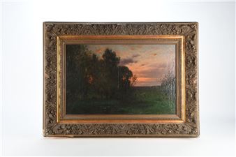 Paysage de soleil couchant animé - Léon Charles Flahaut