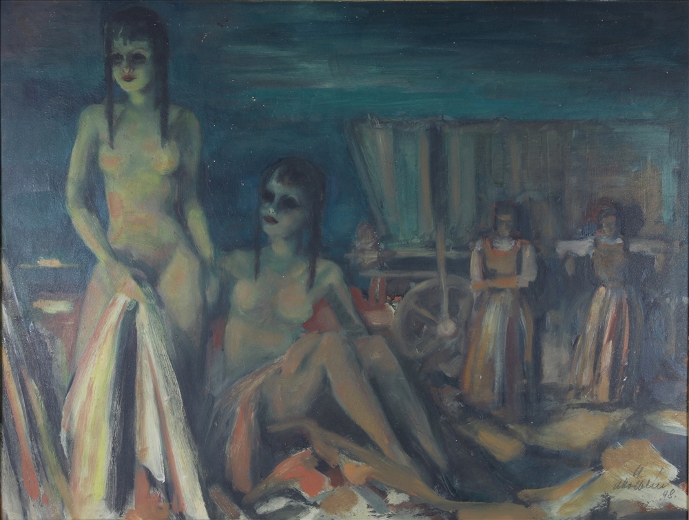 Artwork by Albin Kölblin, Zwei weibliche Akte vor Ernteszene. Öl auf Platte, Made of oil on board