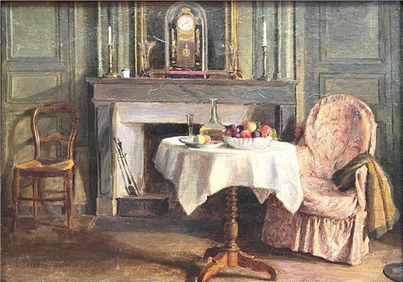 Interior with a bowl of fruit by Louis Petit