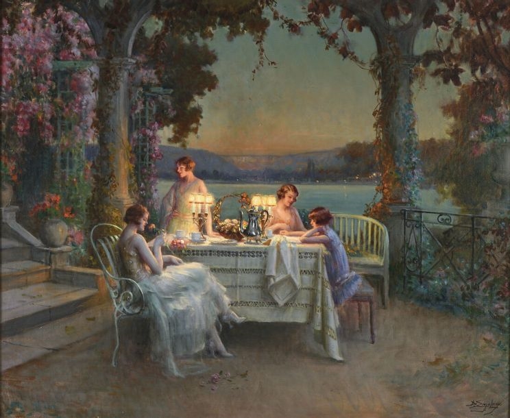 End of a meal, a summer evening on the terrace by Delphin Enjolras